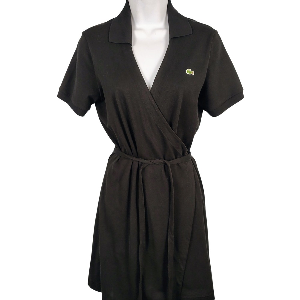 Lacoste Womens SZ 40 Slim Fit Wrap Polo Dress Black Pique Preppy Tenniscore